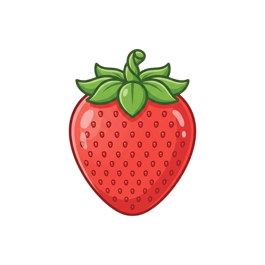 A bright red cartoon strawberry with green leaves on top against a black background