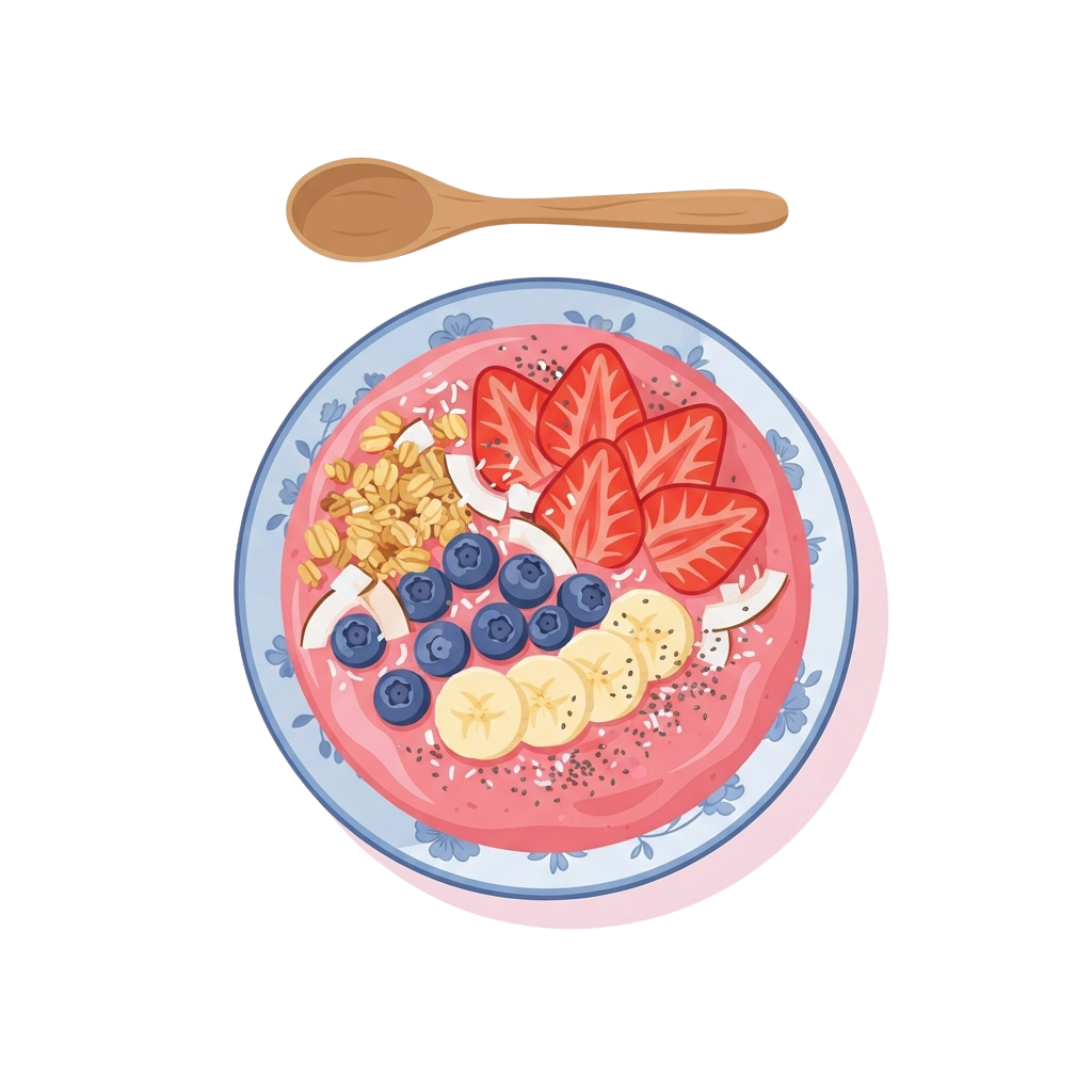 A colorful breakfast bowl with strawberries, blueberries, banana slices, chia seeds, oats, and coconut flakes on a decorative plate with a spoon.