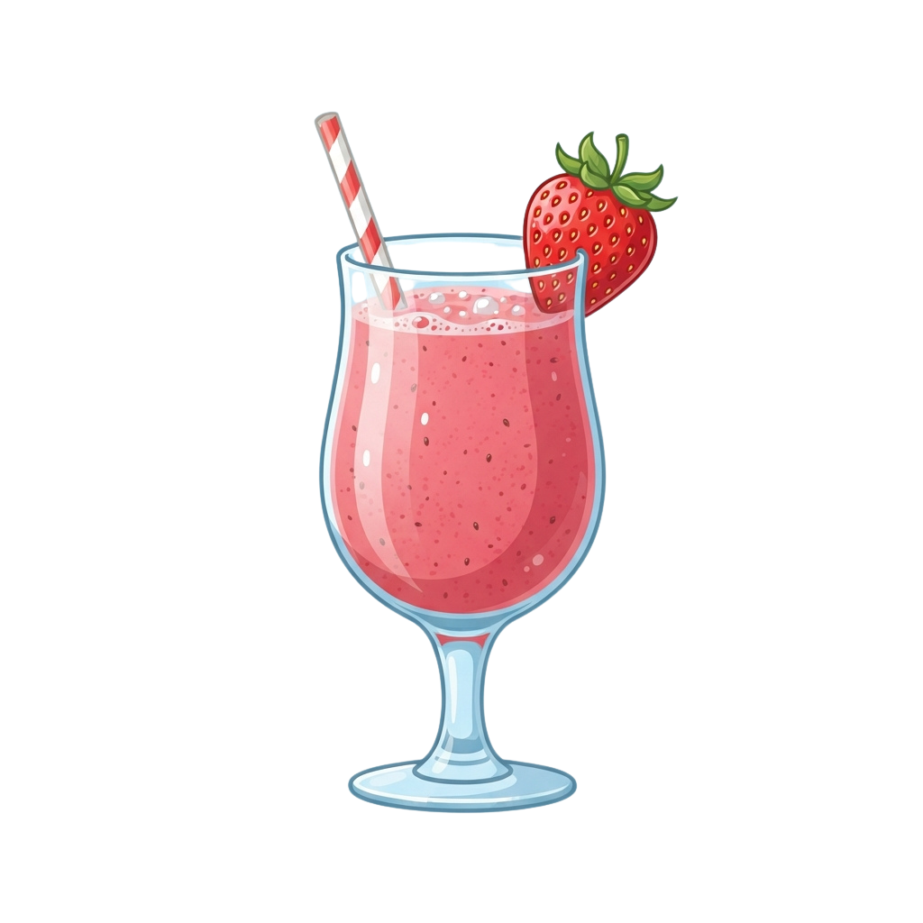 A tall glass filled with pink strawberry smoothie, topped with a whole strawberry and a red and white striped straw