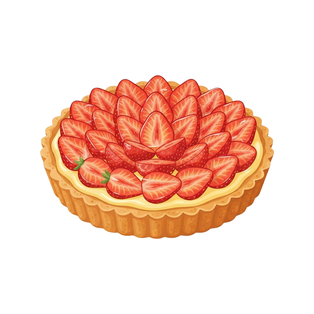 A round tart with a golden crust topped with sliced strawberries and creamy filling