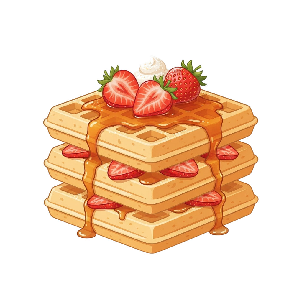 A stack of golden waffles topped with strawberries and whipped cream, with syrup dripping down the sides