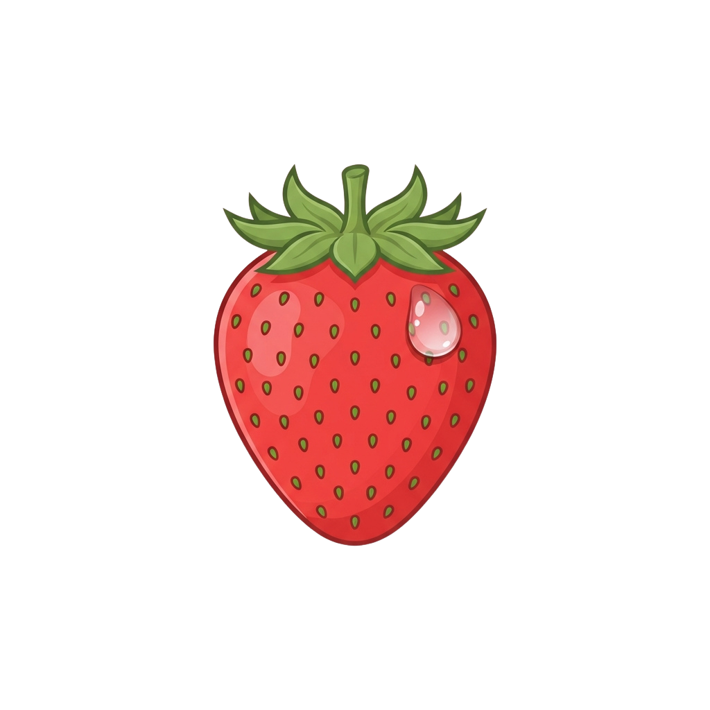 Illustration of a ripe red strawberry with green leaves and a water droplet on its surface