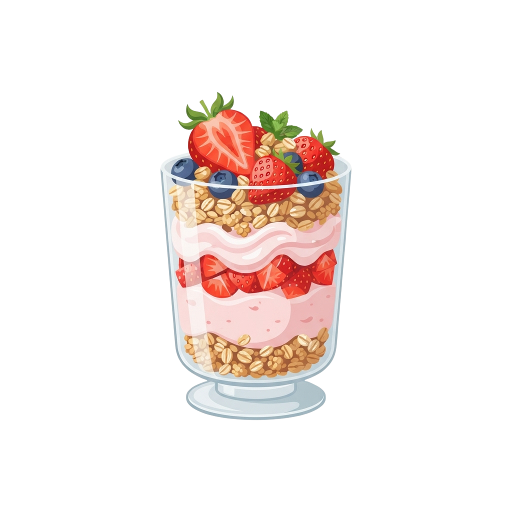 A glass cup of layered strawberry yogurt parfait with granola and fresh berries on top