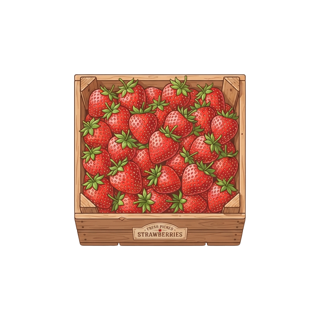 Wooden crate filled with fresh red strawberries with green leaves