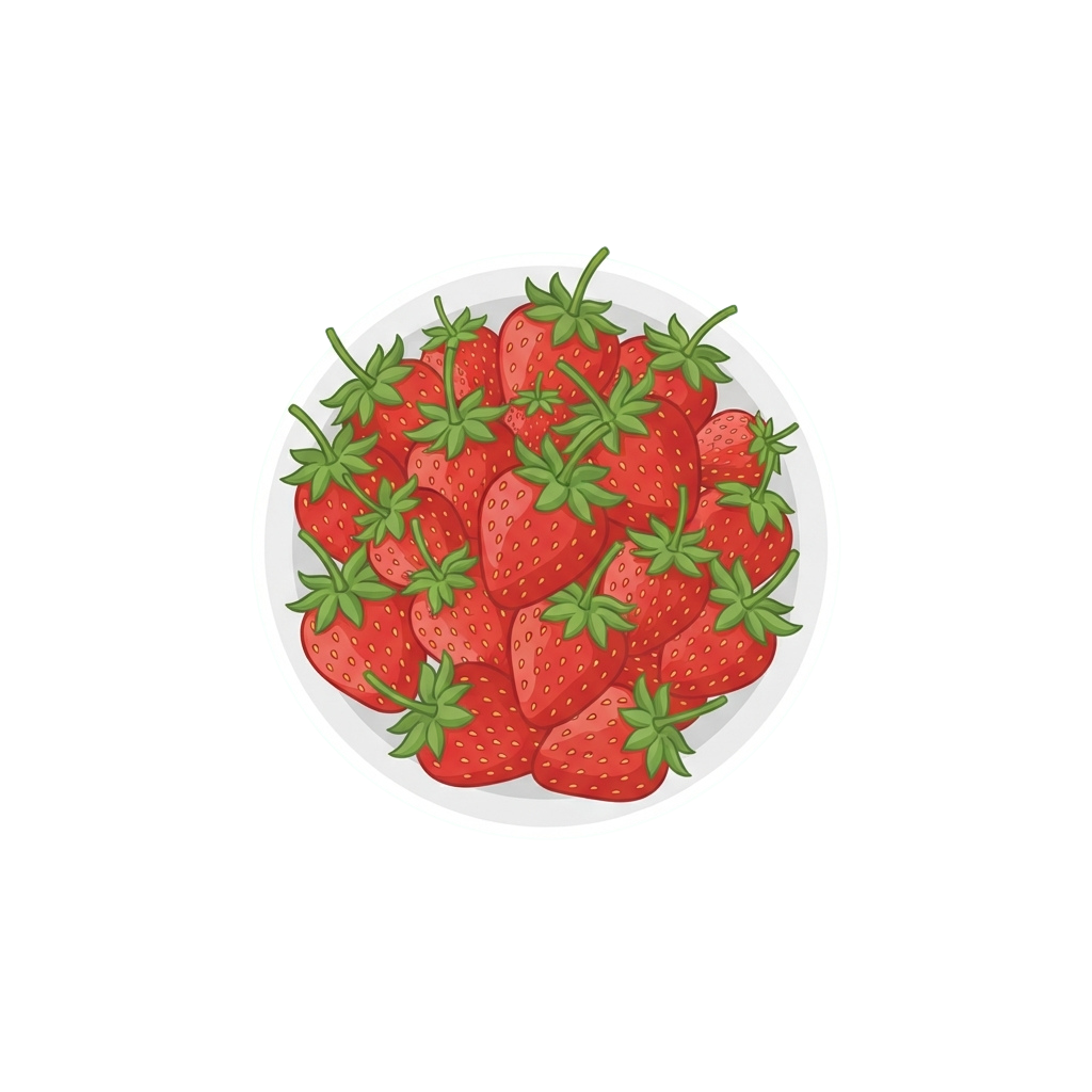 Illustration of a white bowl filled with fresh red strawberries with green leaves