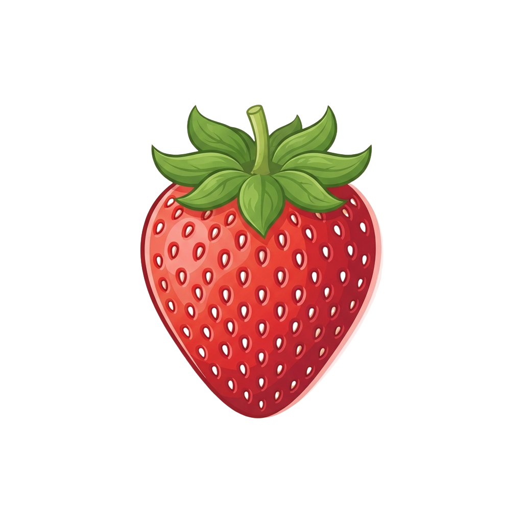 Illustration of a bright red strawberry with green leaves on top against a black background