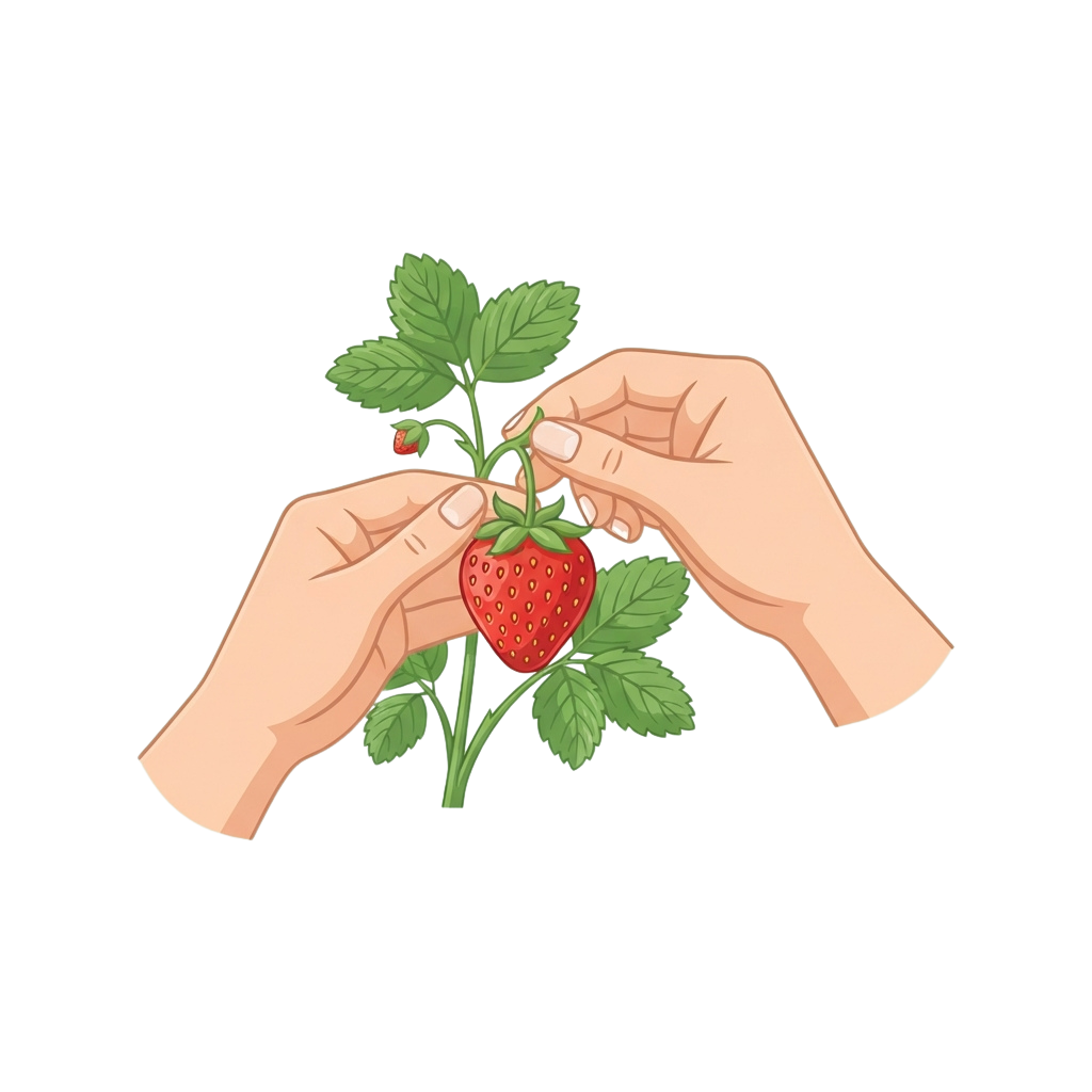 Two hands gently picking a ripe red strawberry from a green plant with leaves