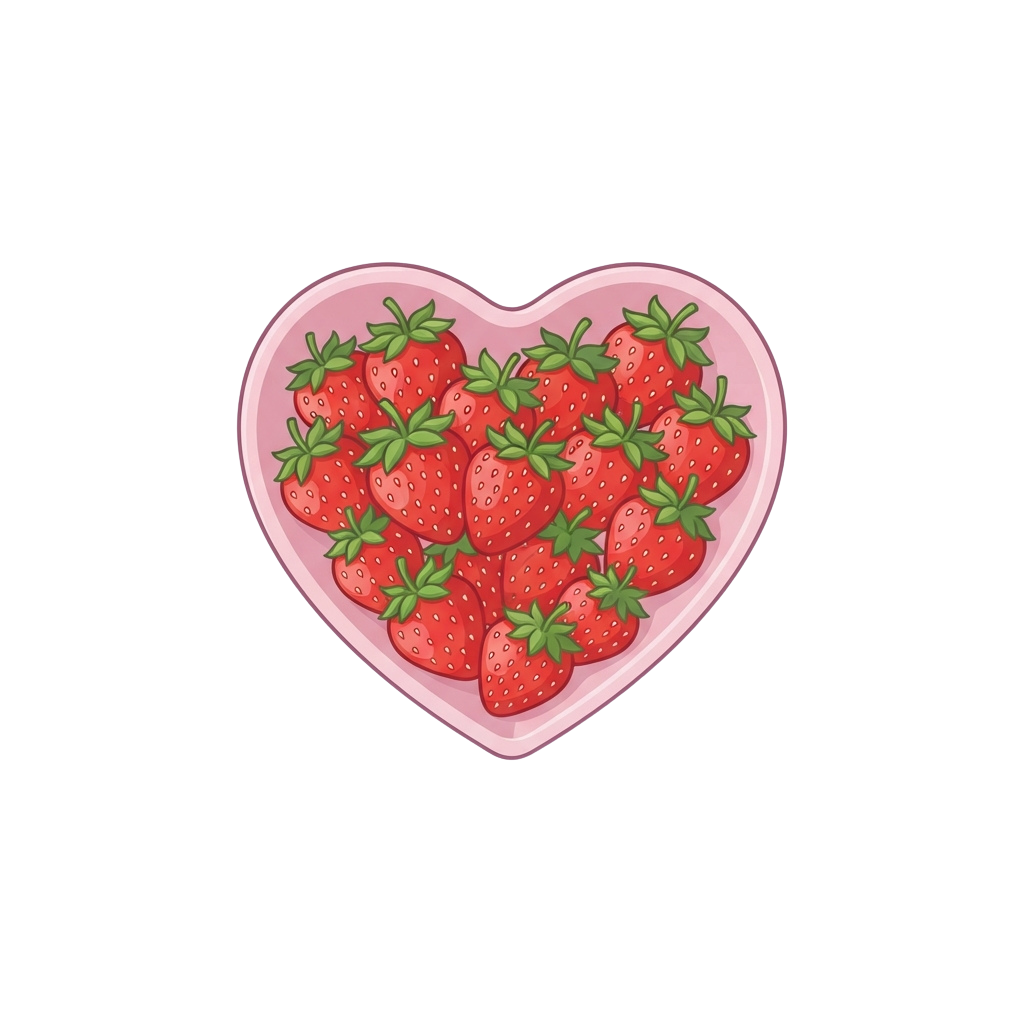 A heart-shaped container filled with red strawberries and green leaves on a black background