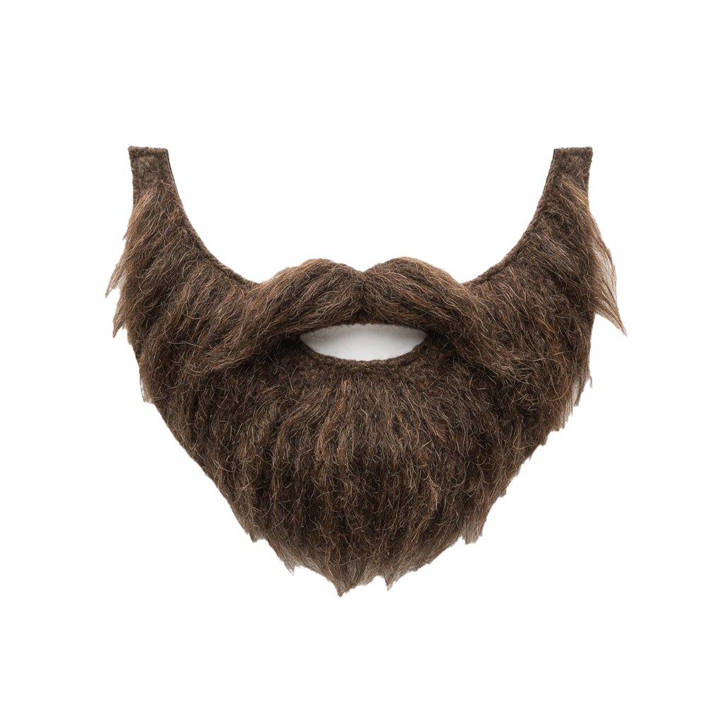 A brown furry beard prop with a circular opening in the center against a black background