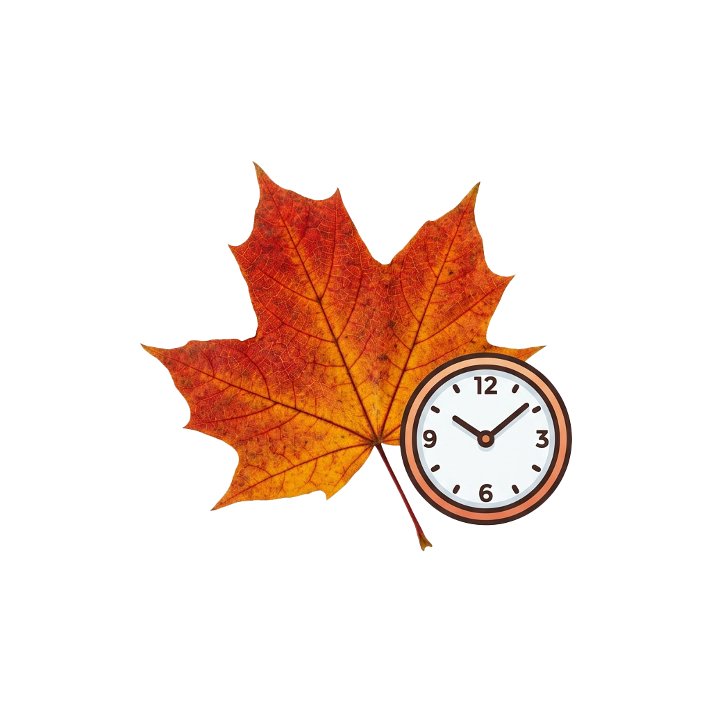 A red-orange maple leaf with a small analog clock embedded in its stem showing the time as 10:10.