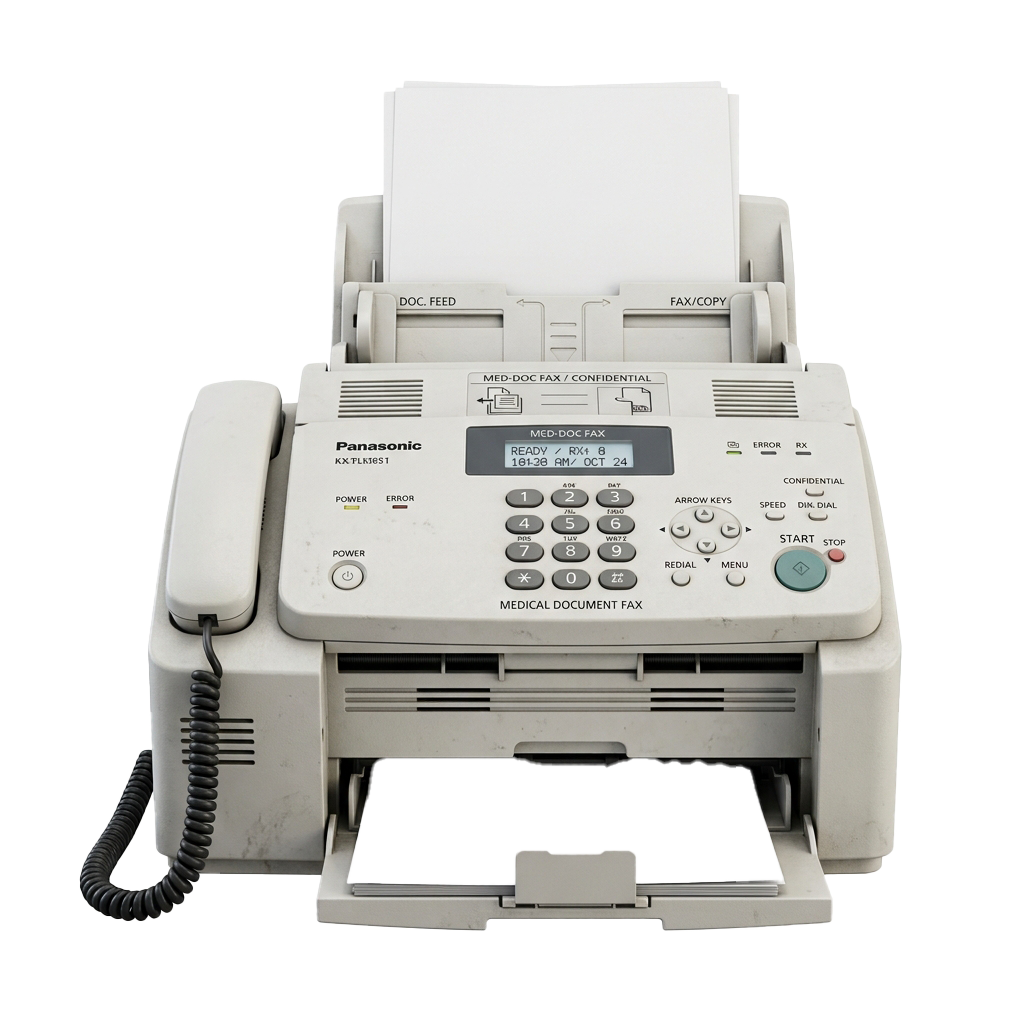 A white fax machine labeled for medical document faxing, featuring a numeric keypad, display screen, and control buttons.