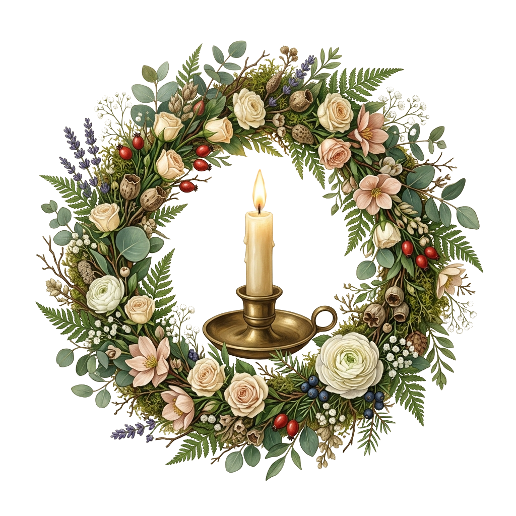 A decorative wreath made of greenery, flowers, and berries with a lit candle in the center