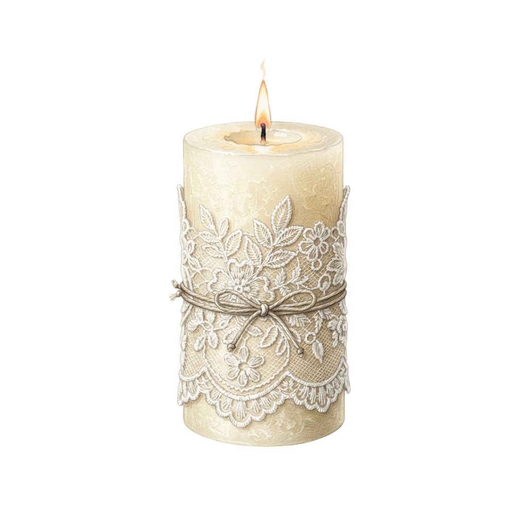 A lit candle wrapped with white lace and tied with a ribbon
