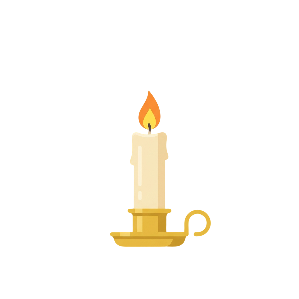 A lit candle with a flame on a simple holder against a dark background