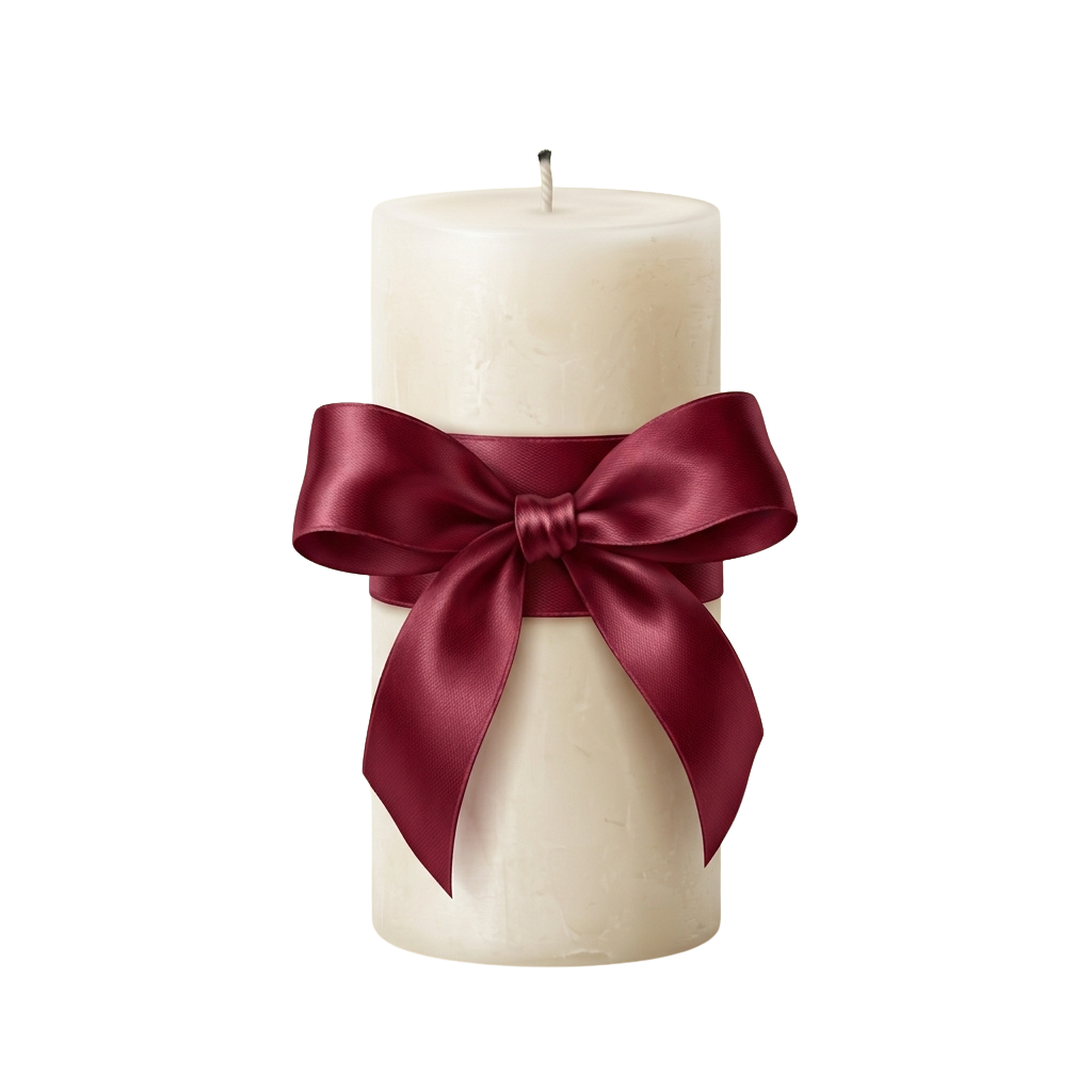 A tall white candle tied with a burgundy velvet ribbon bow around the middle