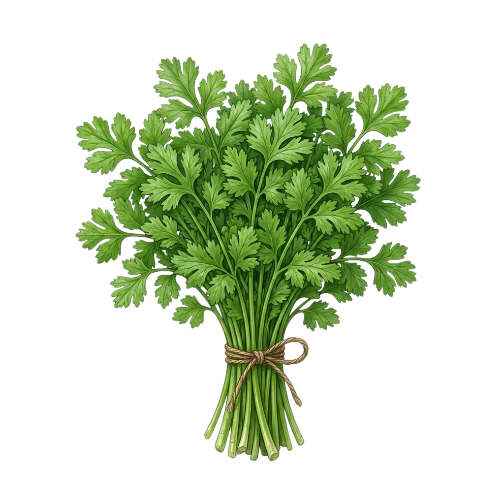 A bundle of fresh green parsley leaves tied together with twine.