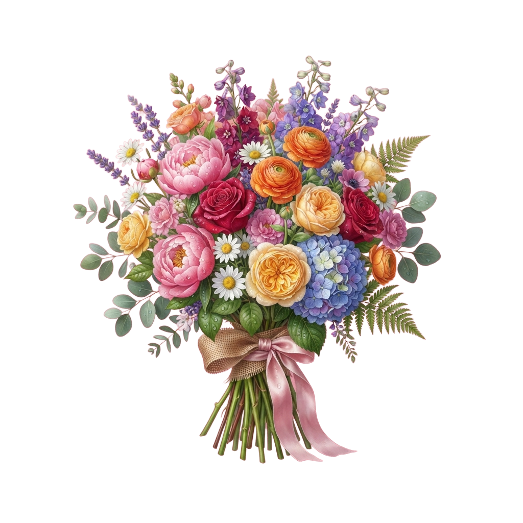 A vibrant bouquet of mixed flowers tied with a pink ribbon and brown twine.