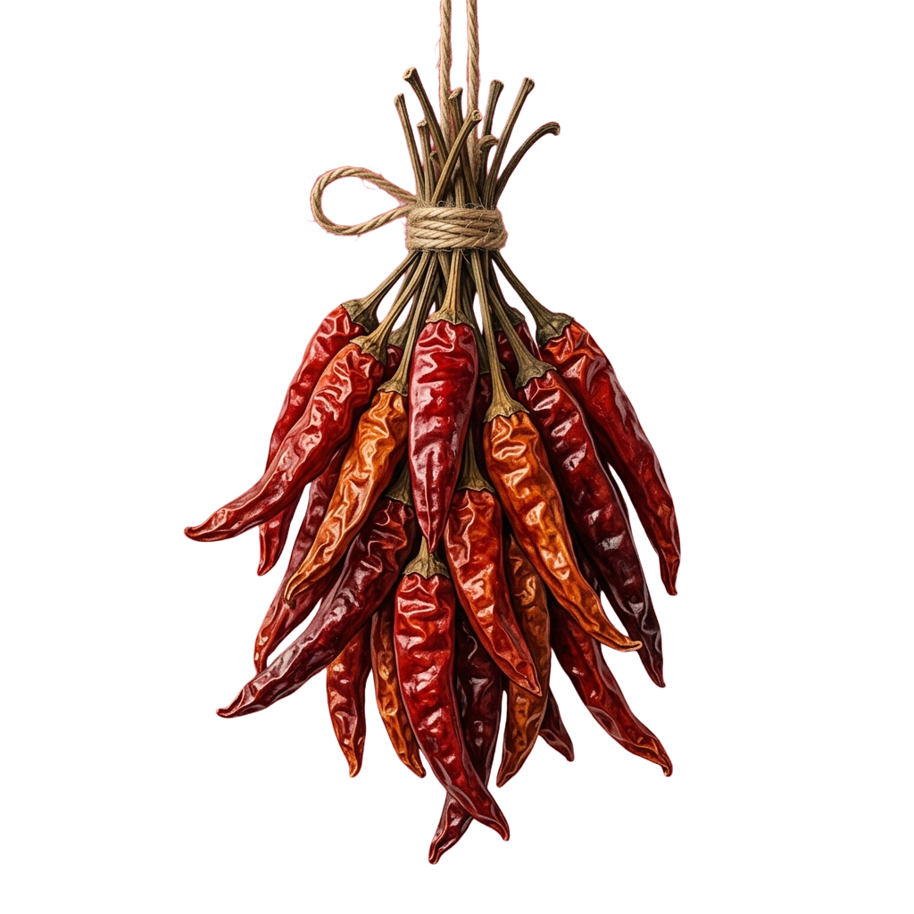 A bundle of dried red chili peppers tied together with twine against a black background