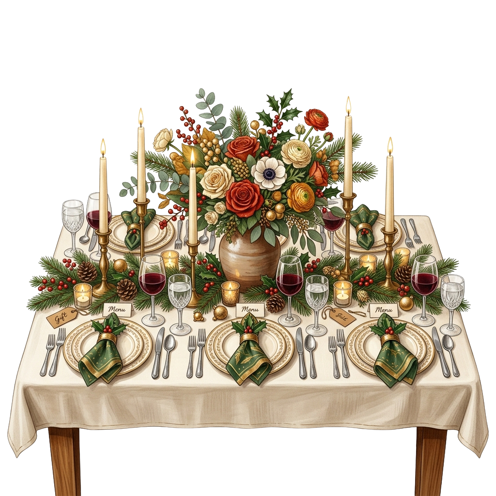 Holiday dinner table with floral centerpiece, candles, wine glasses, and place settings
