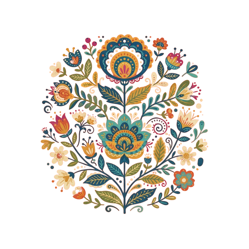 Colorful floral and leaf pattern with intricate designs in blue, orange, green, and yellow on black background