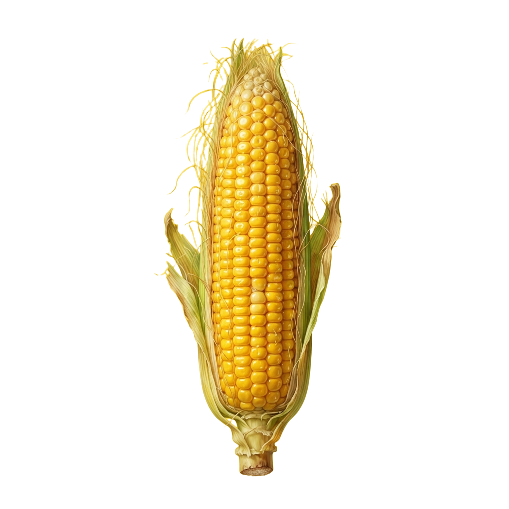 A whole ear of sweet corn with husk partially removed, showing golden kernels and green husk fibers
