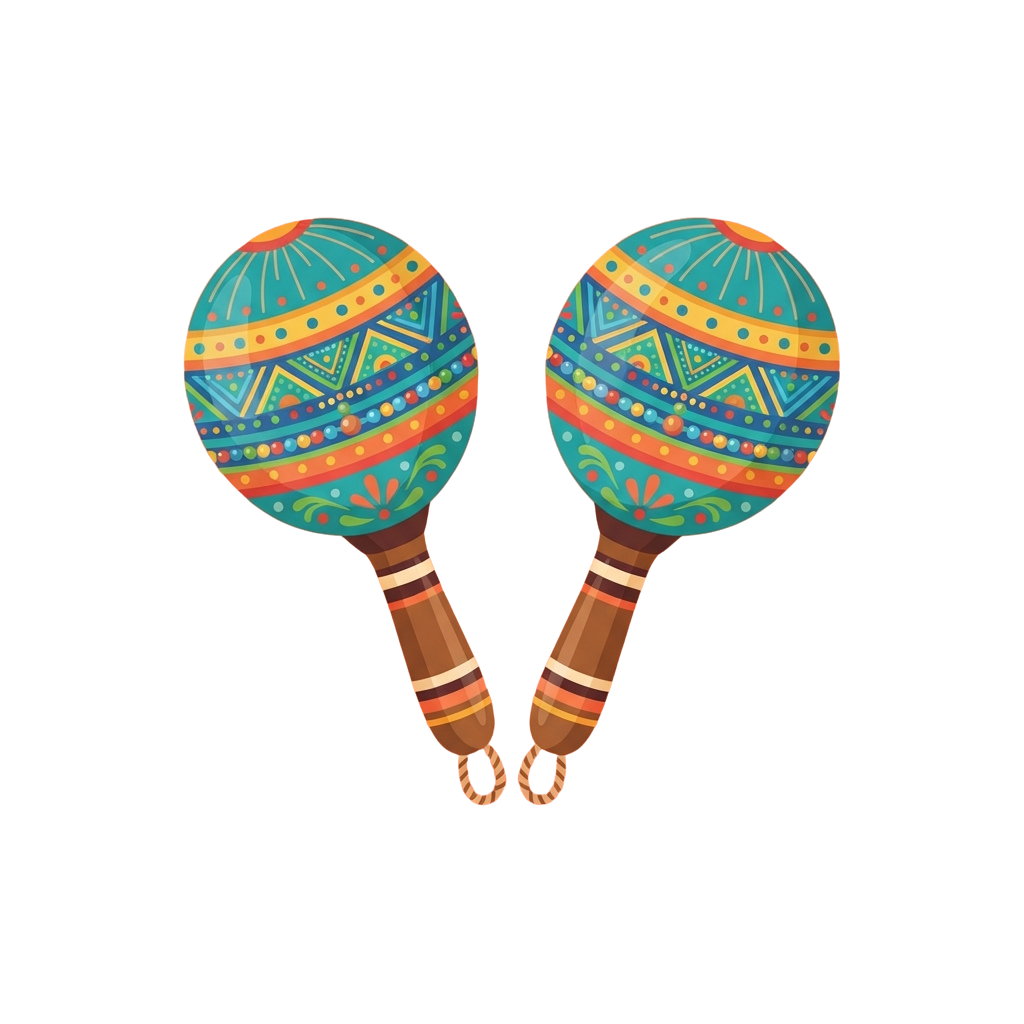 Two maracas with colorful geometric and floral patterns on a dark background