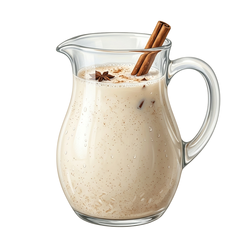A clear glass pitcher filled with a warm, spiced beverage garnished with a cinnamon stick and star anise.
