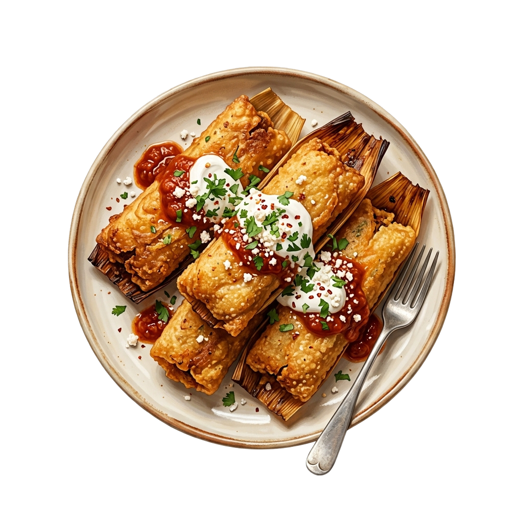 A plate of golden fried tamales topped with sour cream, red sauce, and chopped parsley next to a fork