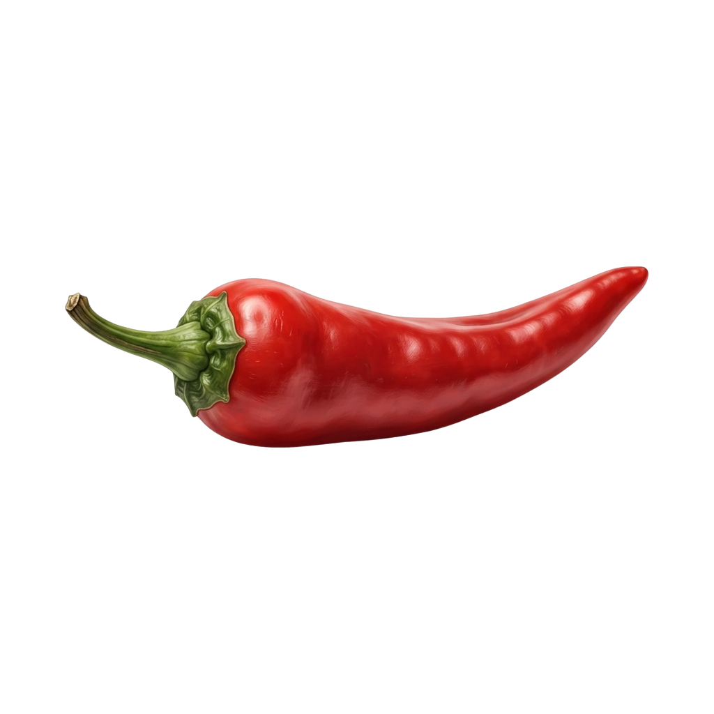 A single bright red chili pepper with green stem and leaves against a black background