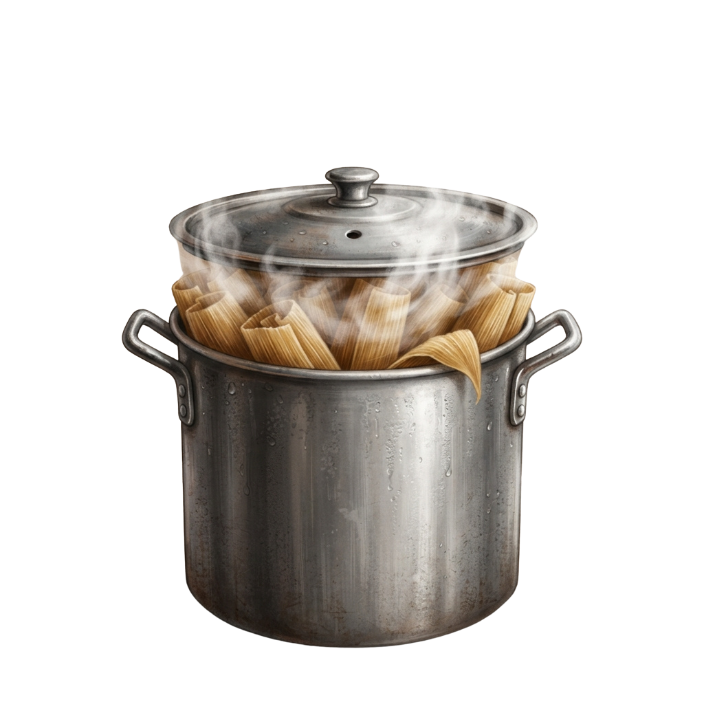 A large pot filled with boiling pasta emitting steam, covered with a lid and two side handles