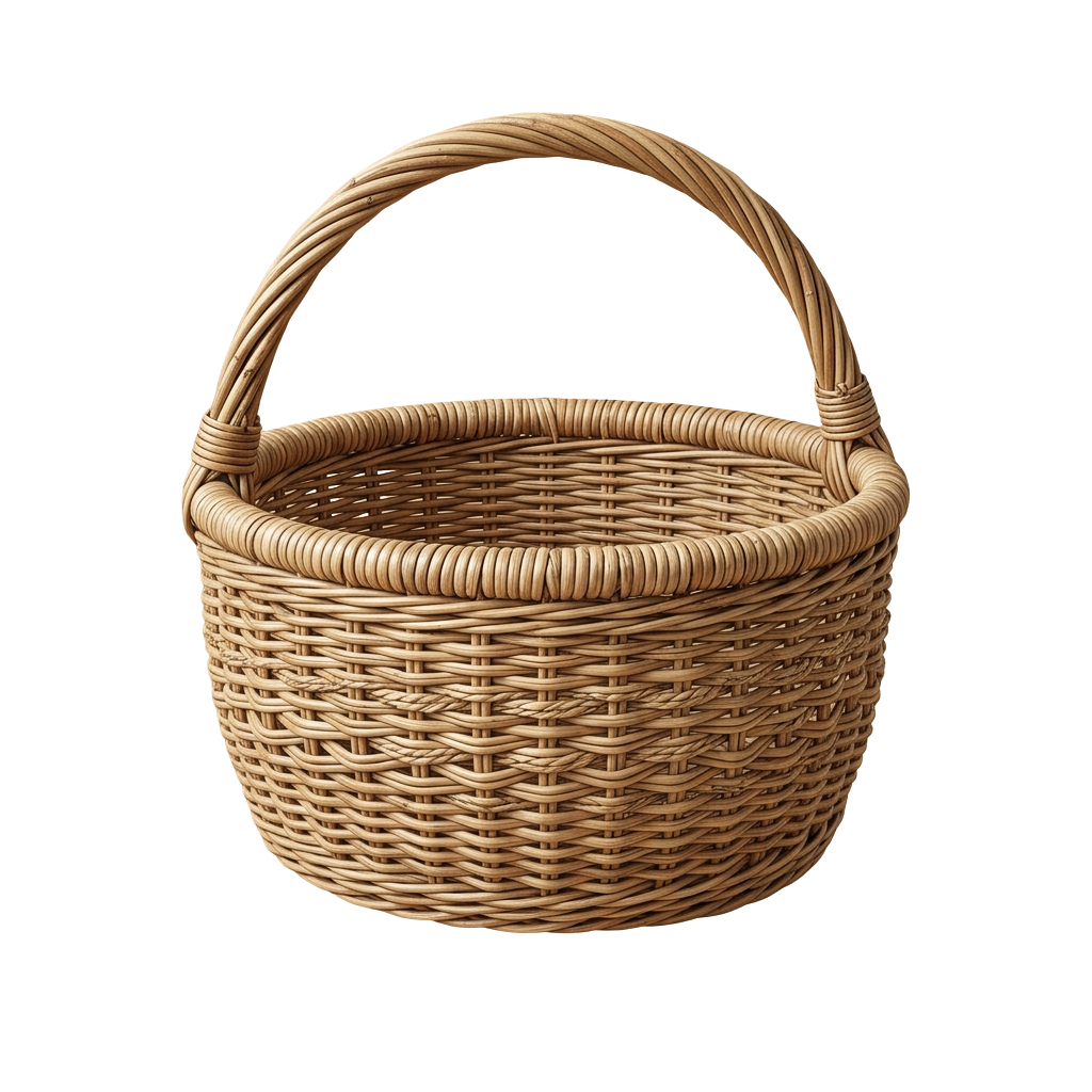 Light brown woven basket with two sturdy handles against a black background