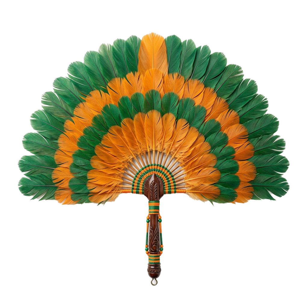 Decorative fan with orange and green feather patterns and a wooden handle