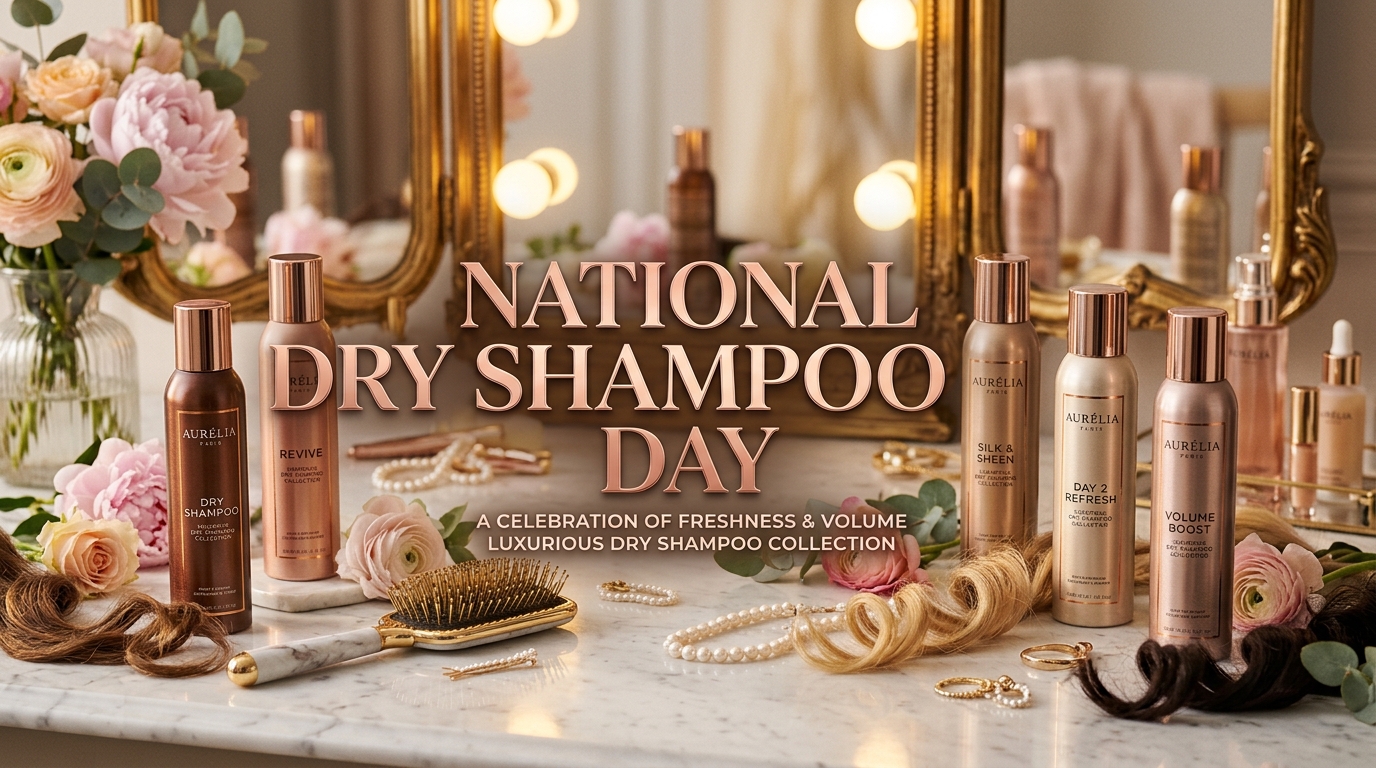 Bottles of dry shampoo and hair accessories on a marble countertop
