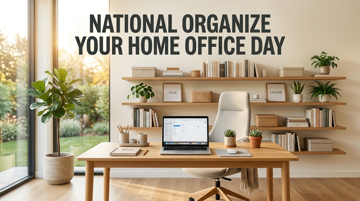 A well-organized home office with a wooden desk, laptop, and plants