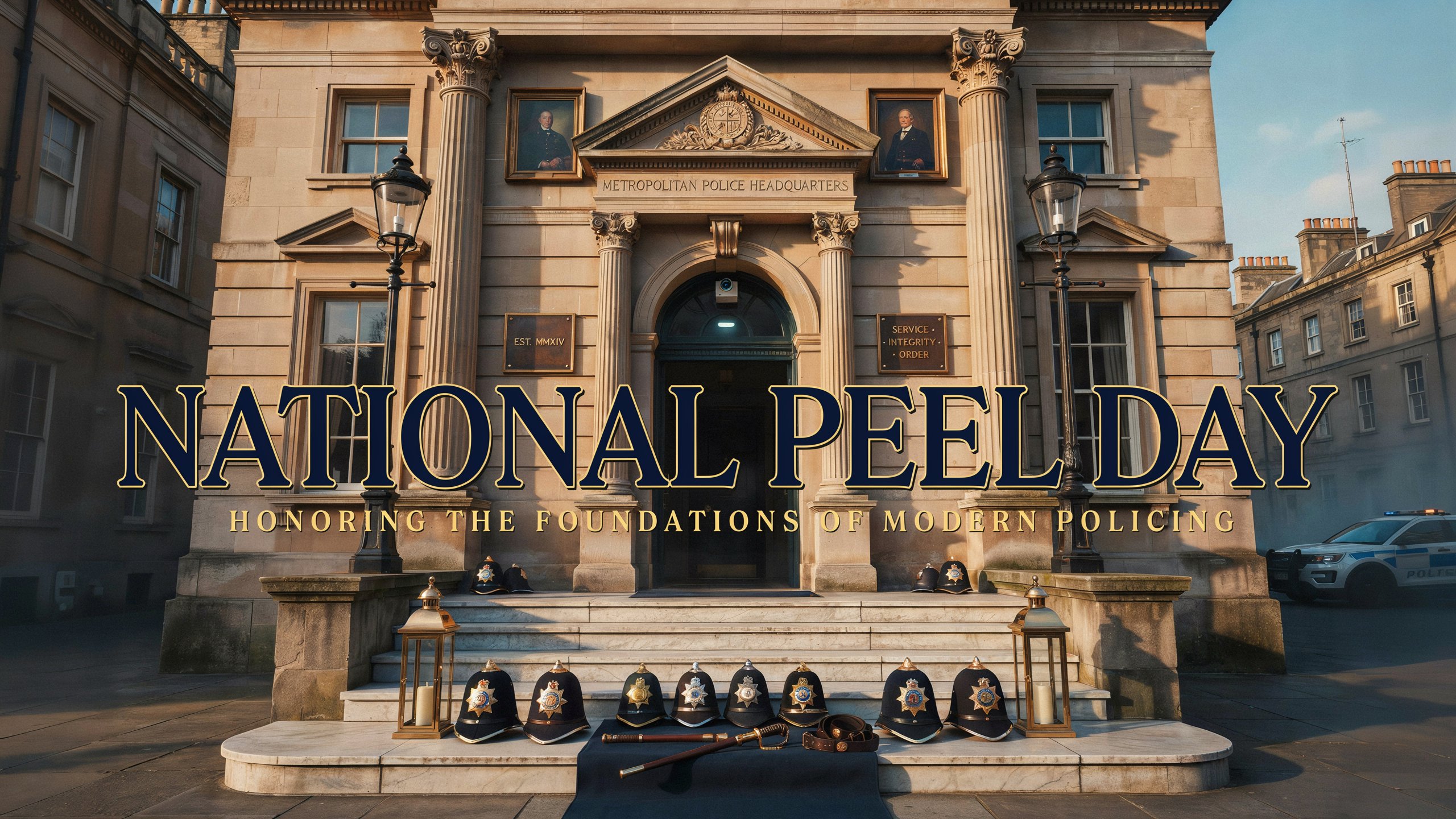 Historic building with police helmets on display