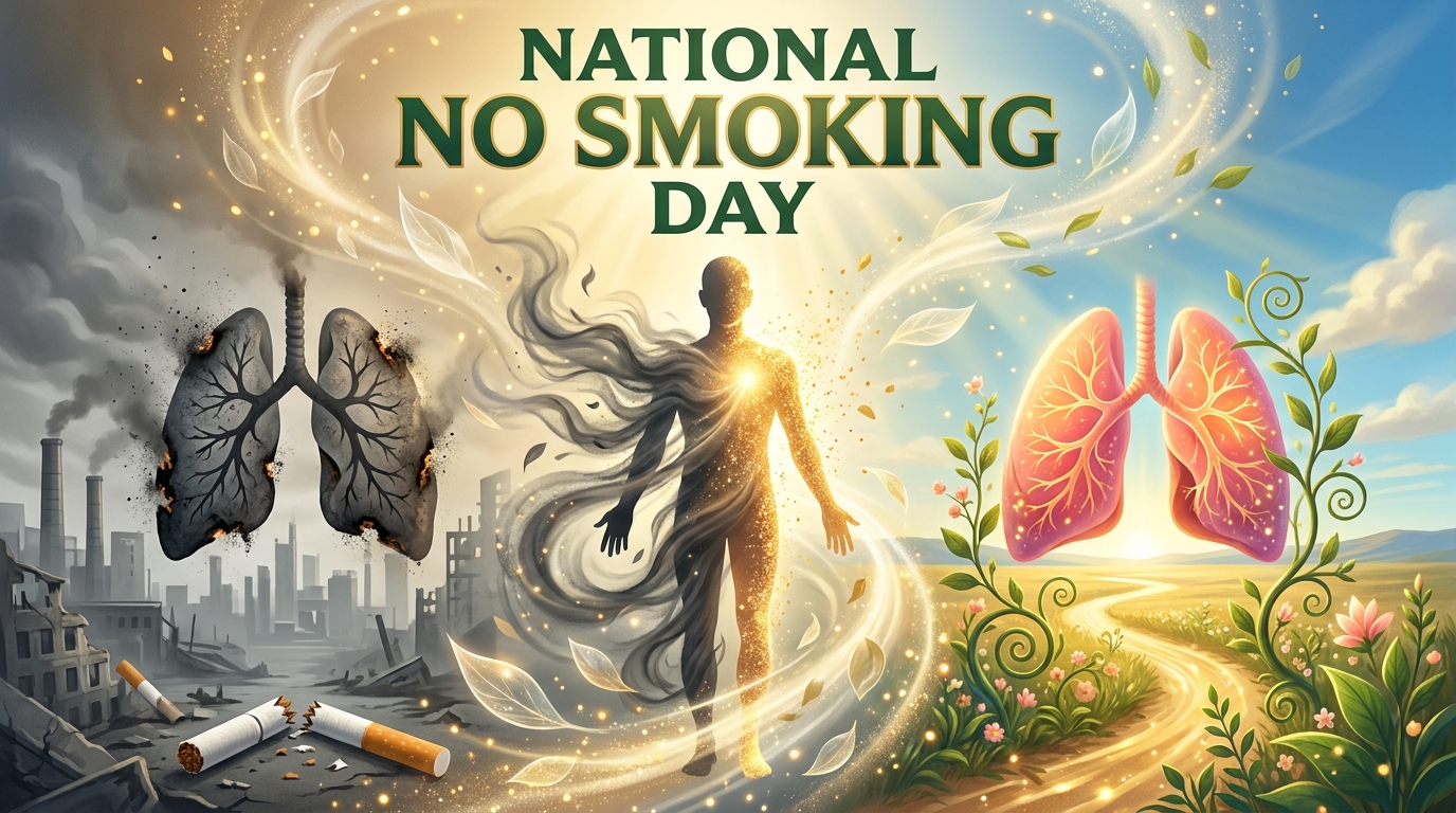 Illustration contrasting polluted lungs from smoking with healthy lungs in a serene environment.