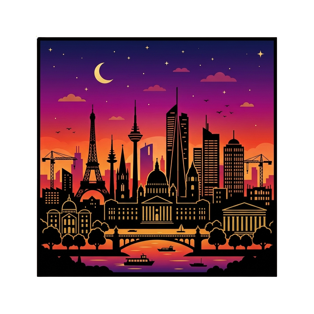 Nighttime city skyline illustration featuring famous landmarks under a moonlit sky with stars and clouds