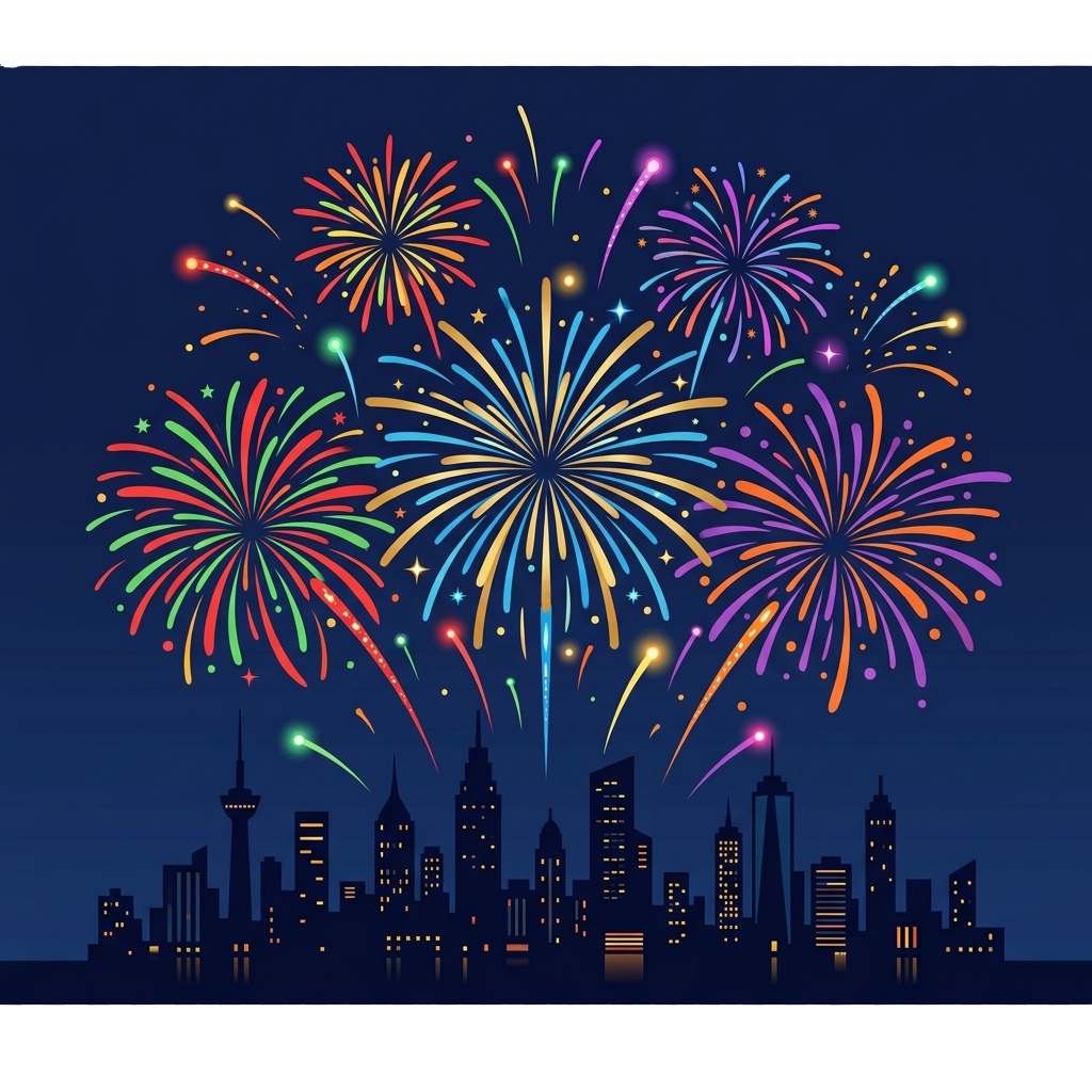 Illustration of vibrant fireworks exploding over a city skyline at night