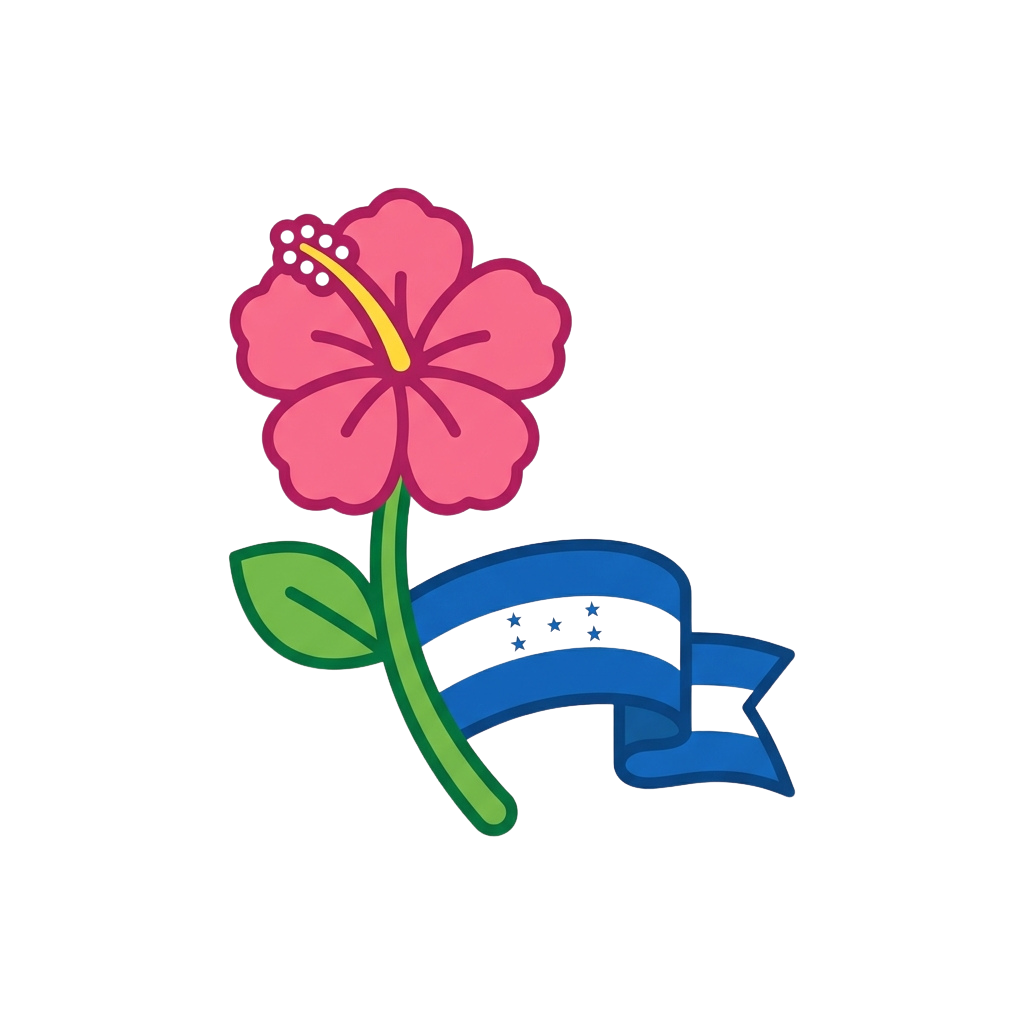 Pink hibiscus flower with green stem and leaves, attached to a blue ribbon with white stars