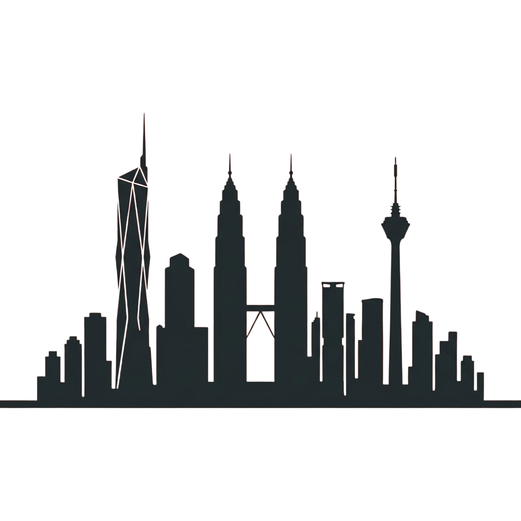 Silhouette of a city skyline featuring twin towers, wind turbines, and various buildings at night.