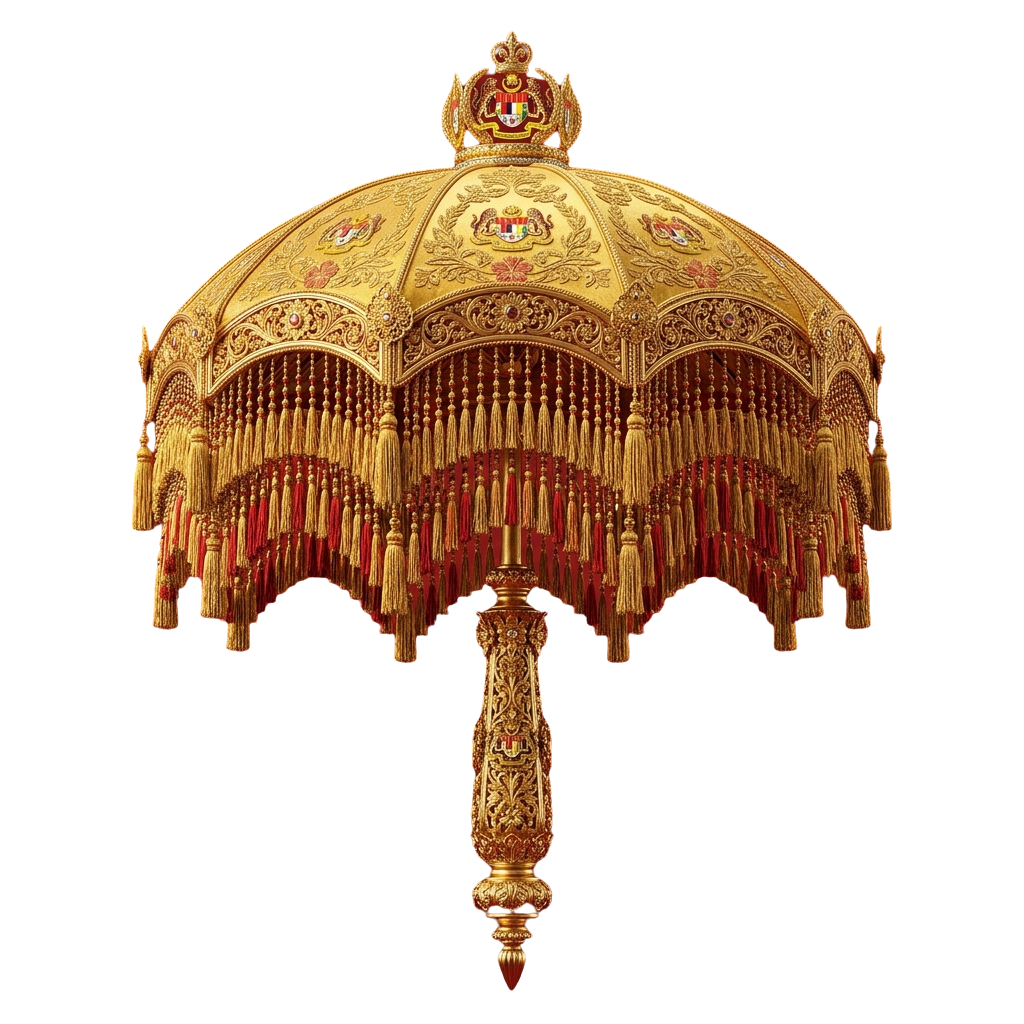 Decorative gold umbrella with intricate designs and red fringes hanging down