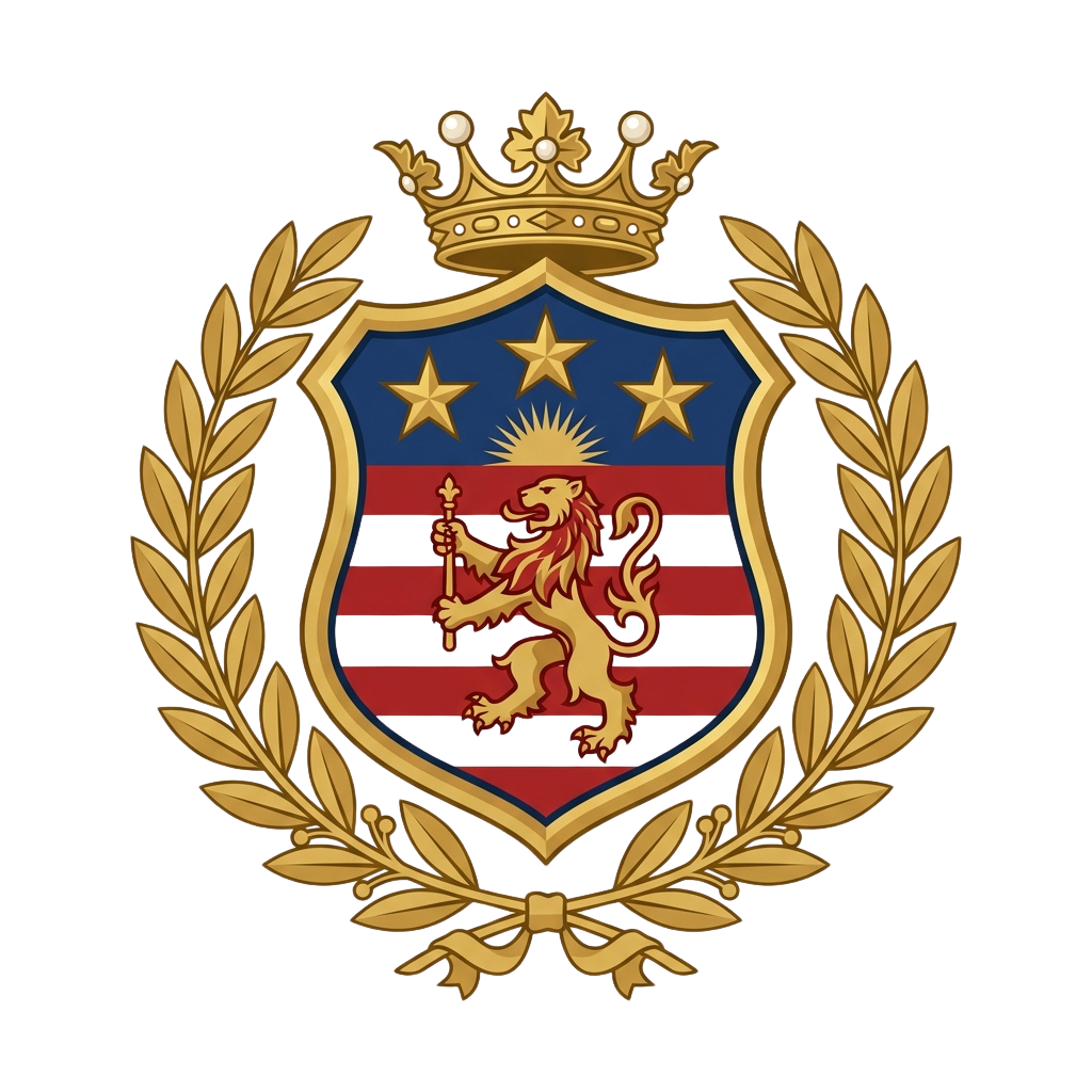 A regal crest featuring a golden crown, lion, stars, and striped shield framed by laurel wreaths.