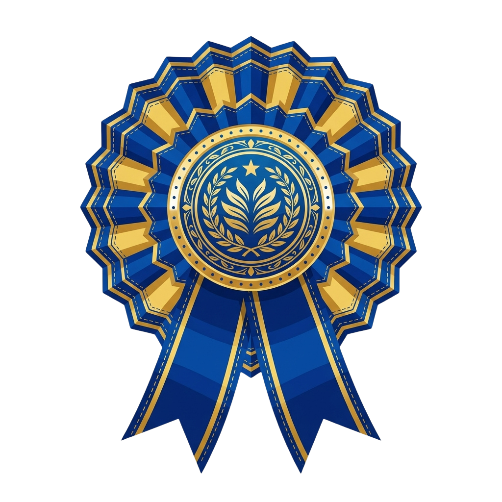 A decorative blue and gold ribbon medal with a laurel wreath and star emblem in the center
