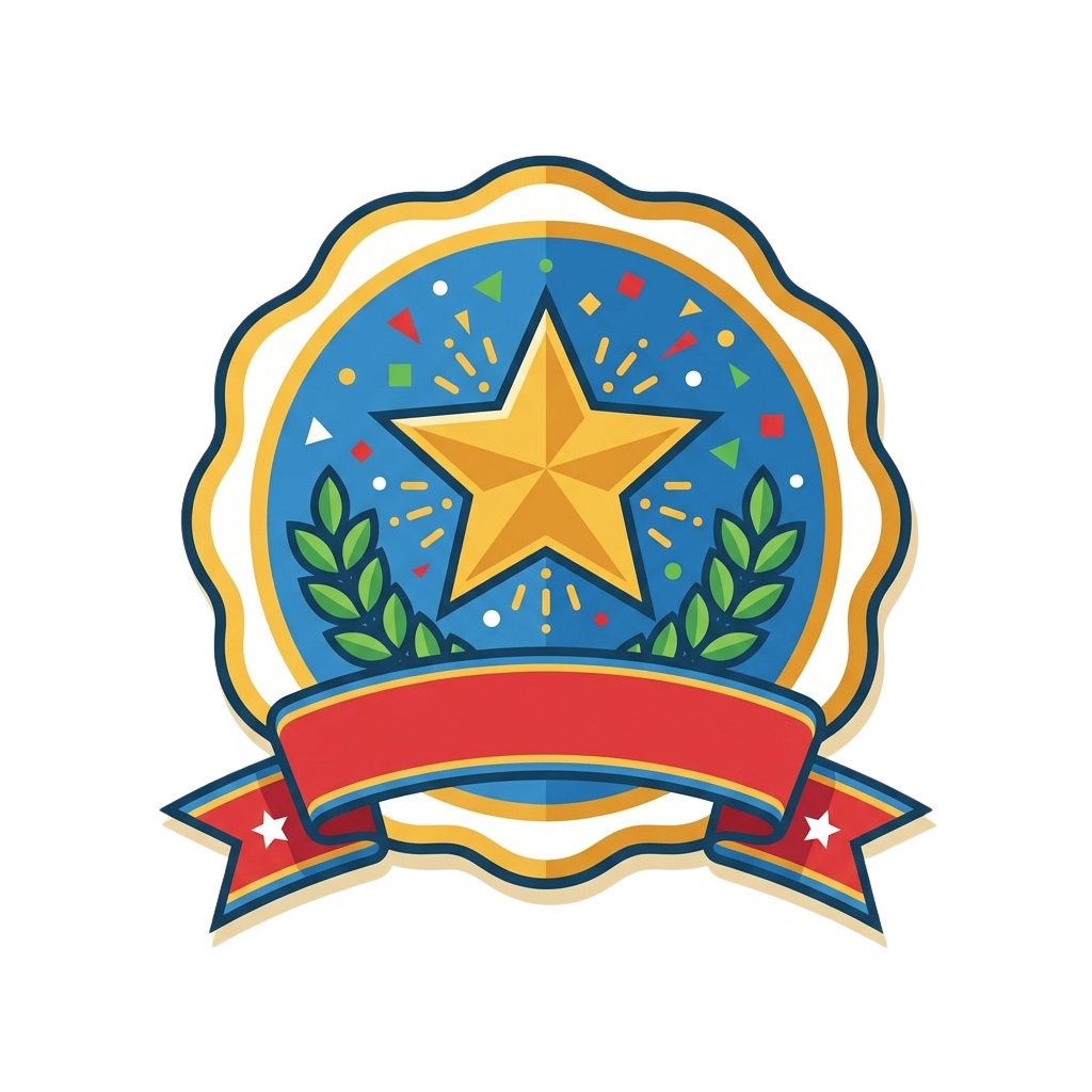 A colorful celebration badge featuring a golden star, green laurel leaves, confetti, and a red ribbon with star accents