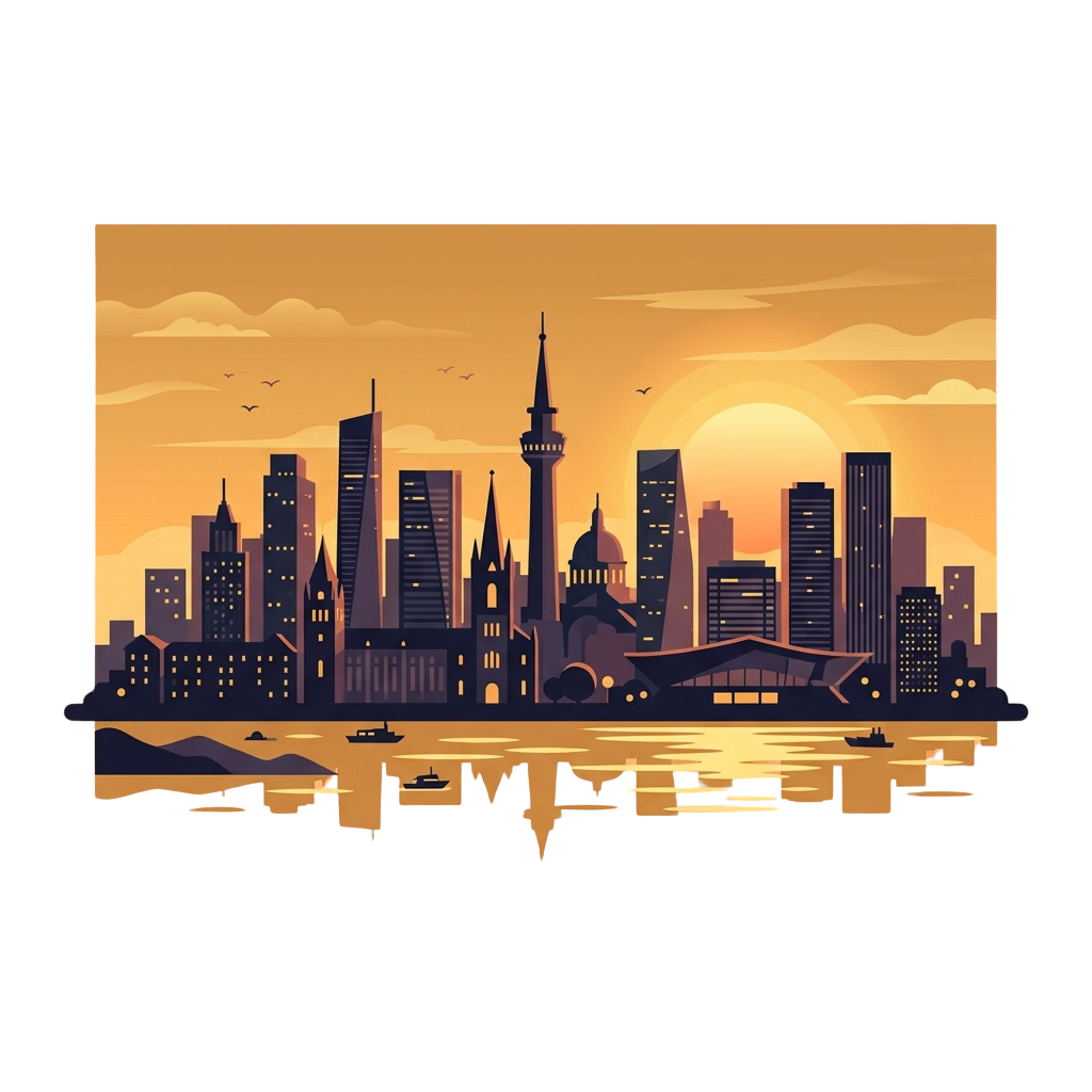 Illustration of a city skyline at sunset with a mix of modern skyscrapers and historic buildings along a waterfront.