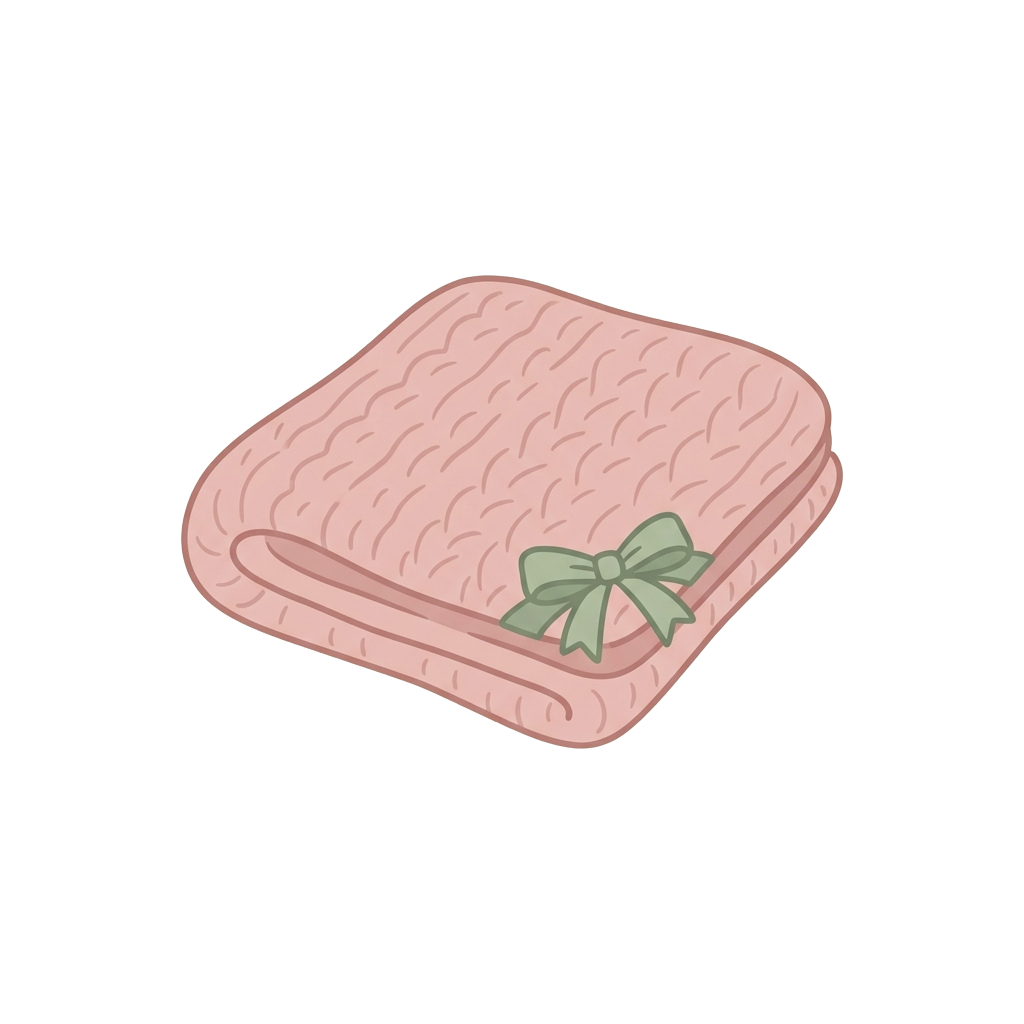 A soft pink knitted blanket with a green decorative bow on one corner