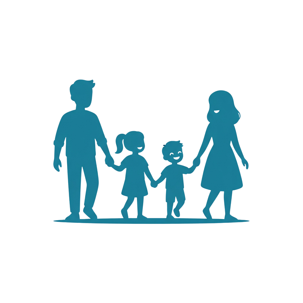 Four silhouetted figures holding hands in a line, two adults and two children, against a dark background