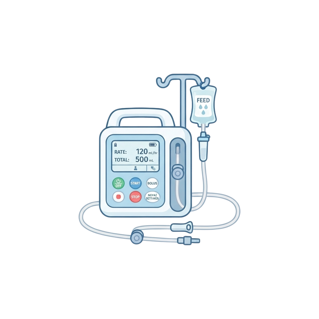 Illustration of an IV infusion pump set to deliver 500 ml at 120 ml per hour with feed bag and tubing