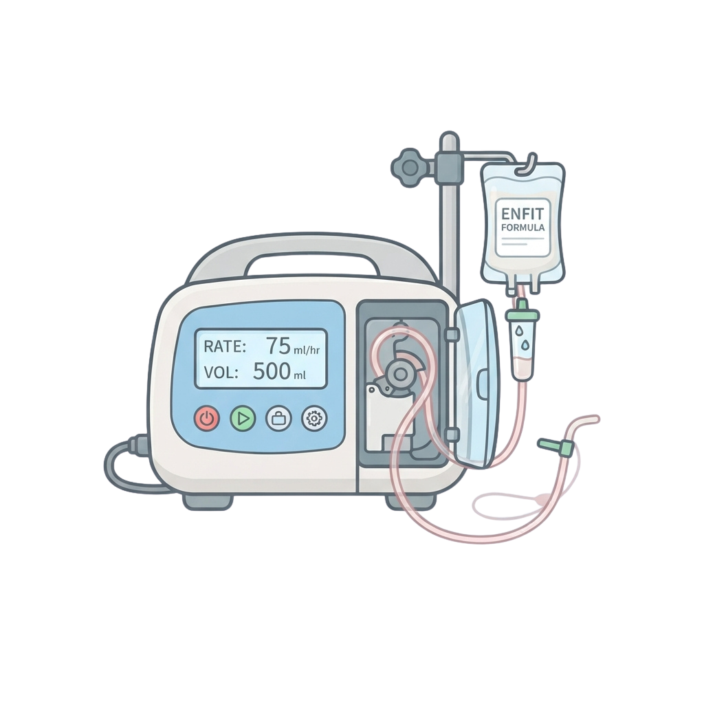 Illustration of an IV infusion pump set to 75 ml per hour with a 500 ml Enfit formula bag attached