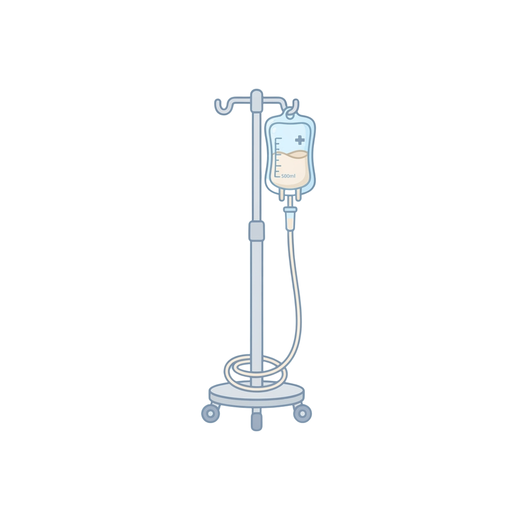 Illustration of an IV pole holding a clear fluid bag for medical infusion